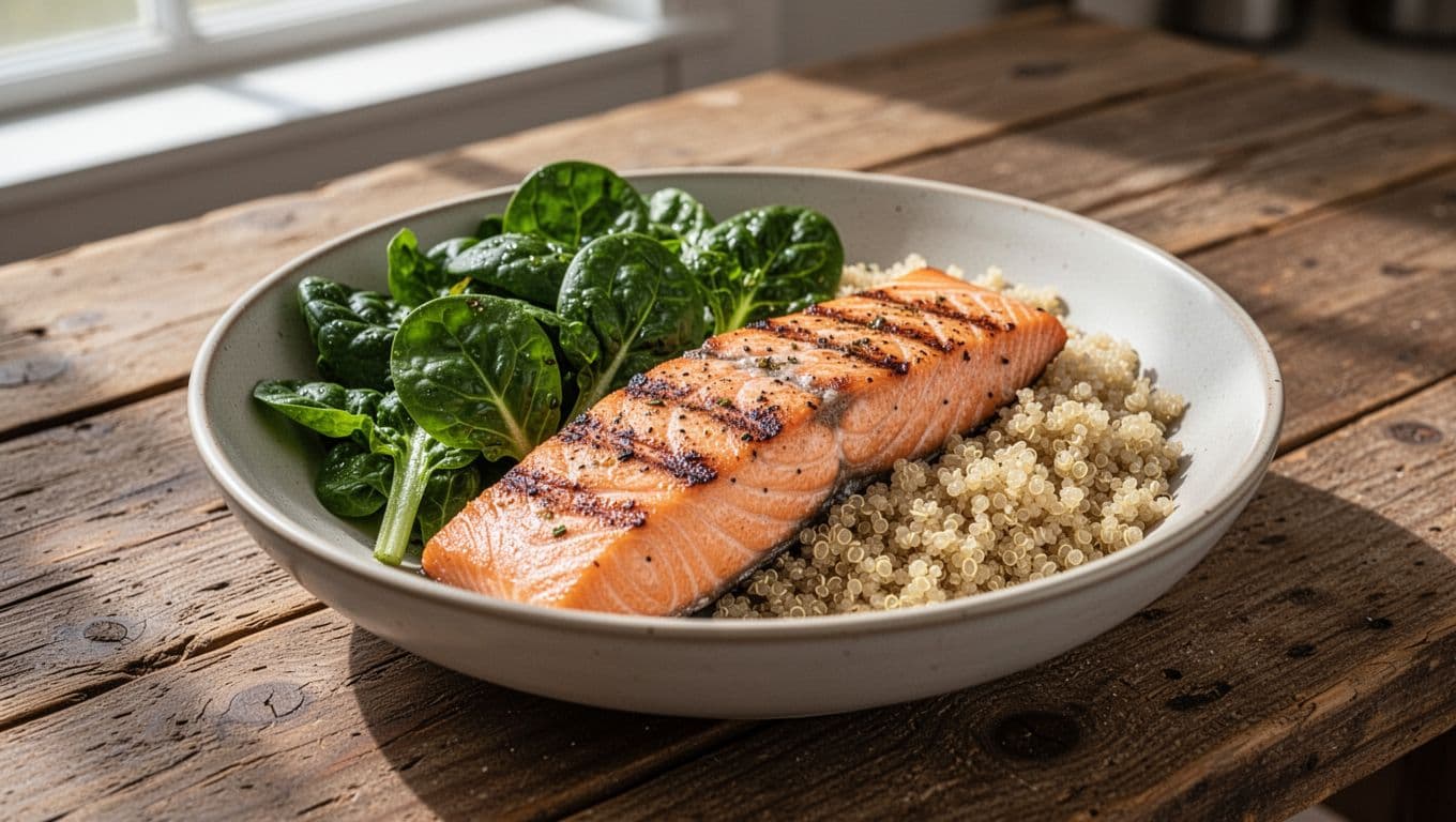 Bowl of grilled salmon, greens, and quinoa on a rustic wooden table.