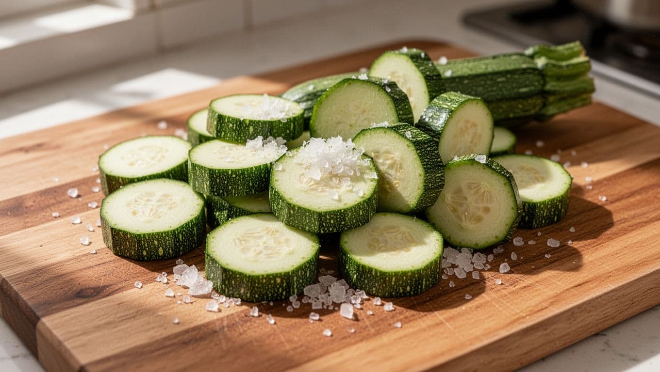Sliced zucchini sprinkled with coarse salt on a wooden cutting board.