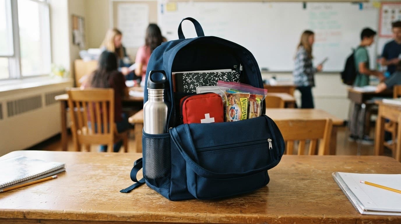 Open school backpack with a water bottle, first aid pouch, and snacks on a wooden desk.