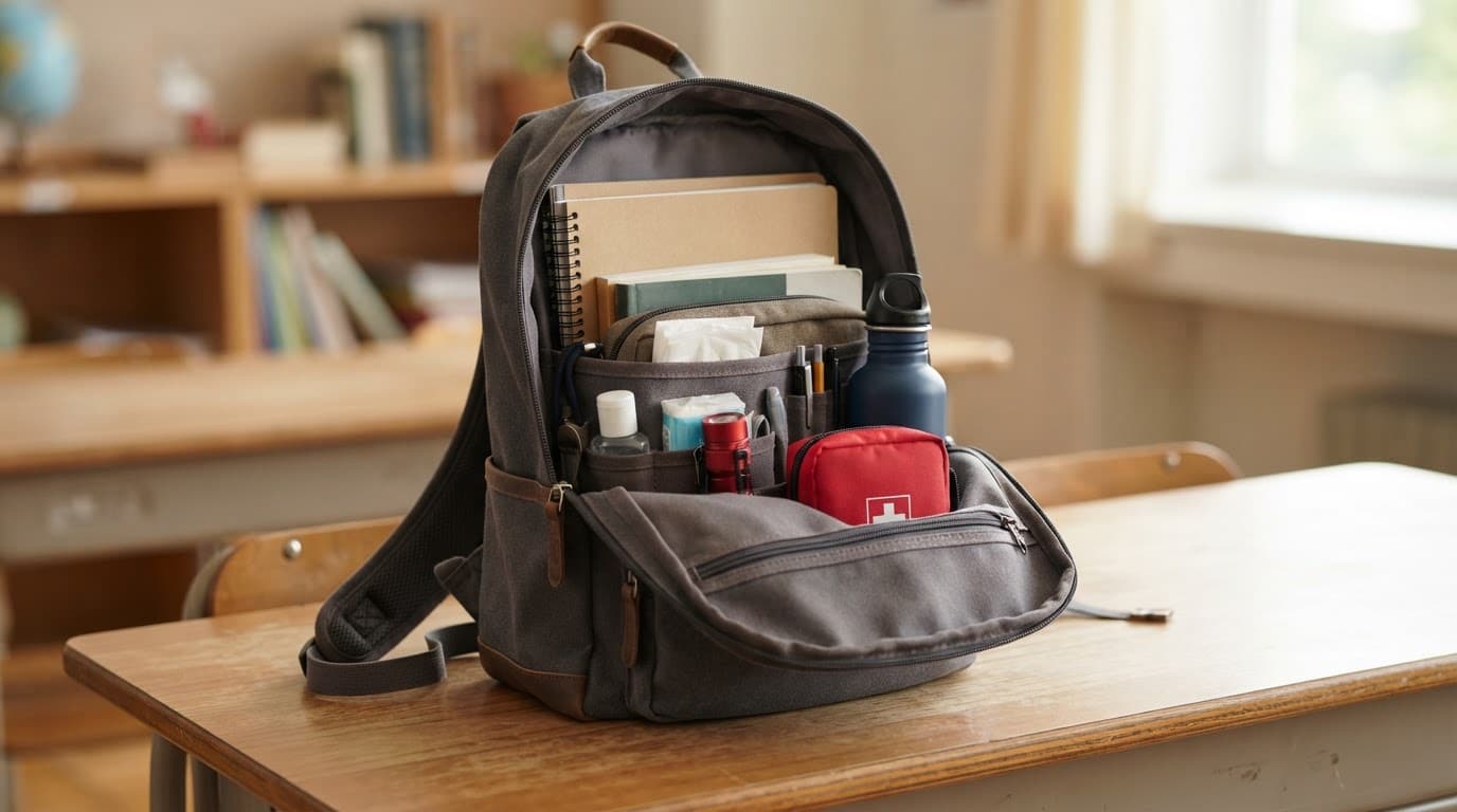 Open backpack with school supplies, water bottle, flashlight, and first aid pouch.