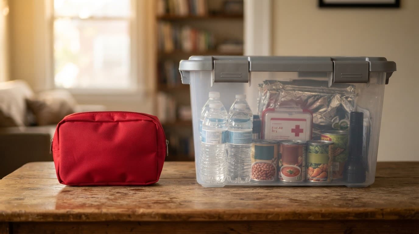 School pouch beside a home emergency supply bin with water and canned food.