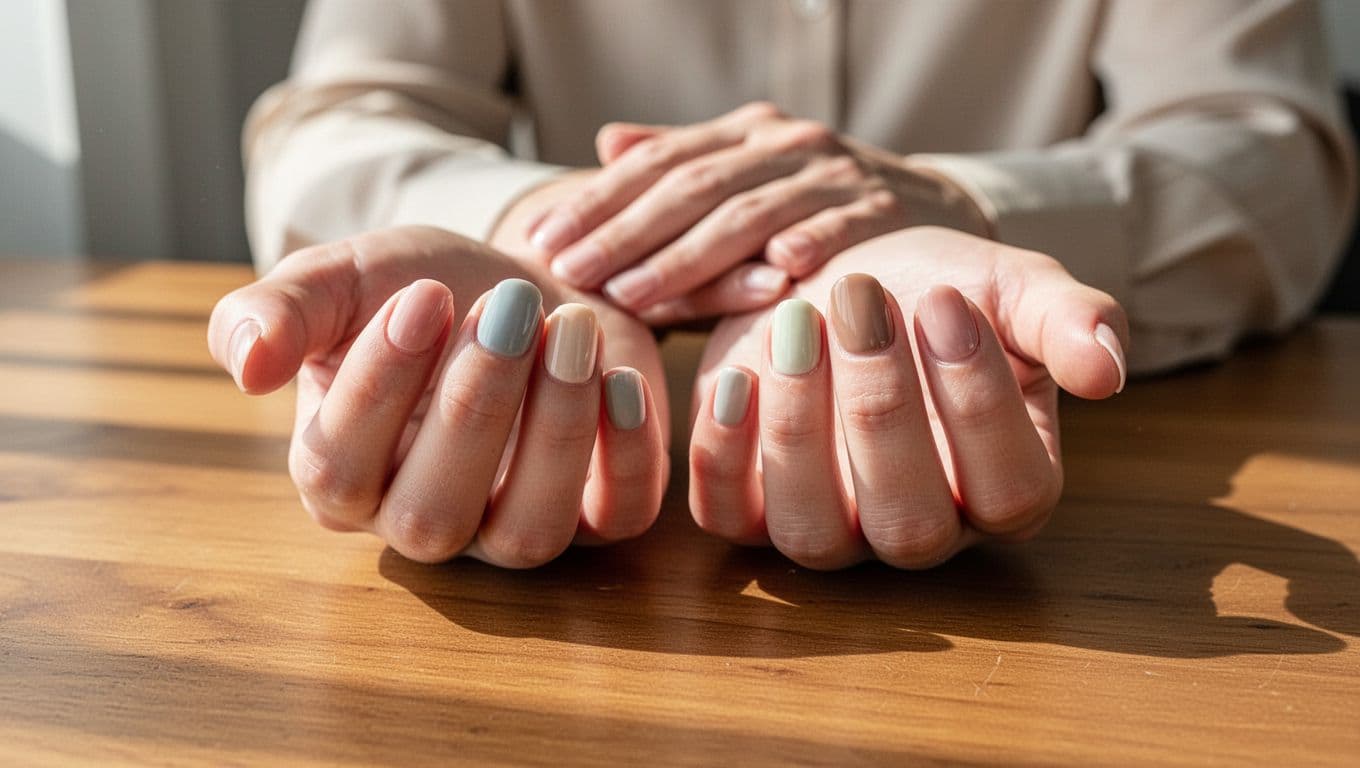 Hands with short pastel and neutral manicures resting on a wooden desk.