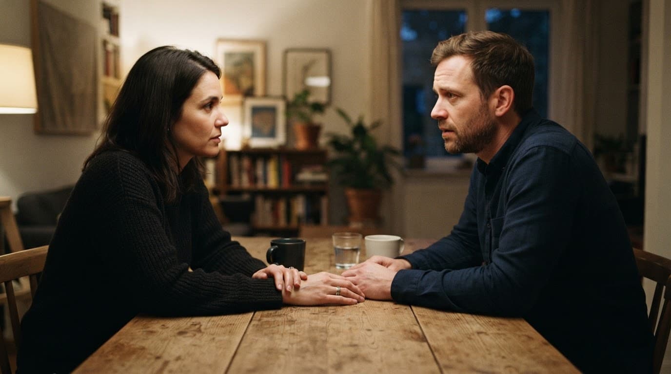 A man and woman have a serious conversation across a wooden table.