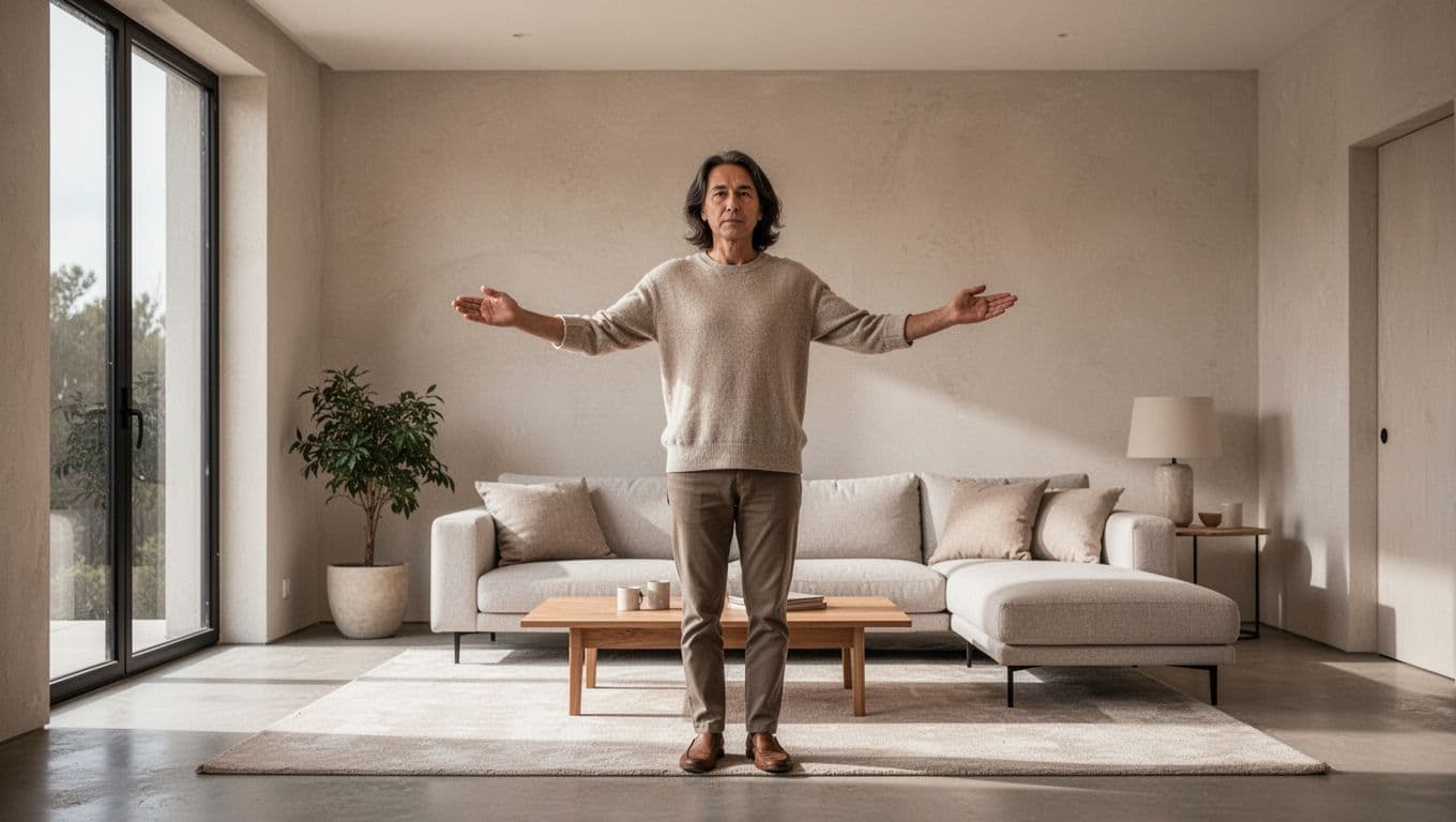 A calm person gestures firmly in a softly lit modern living room.