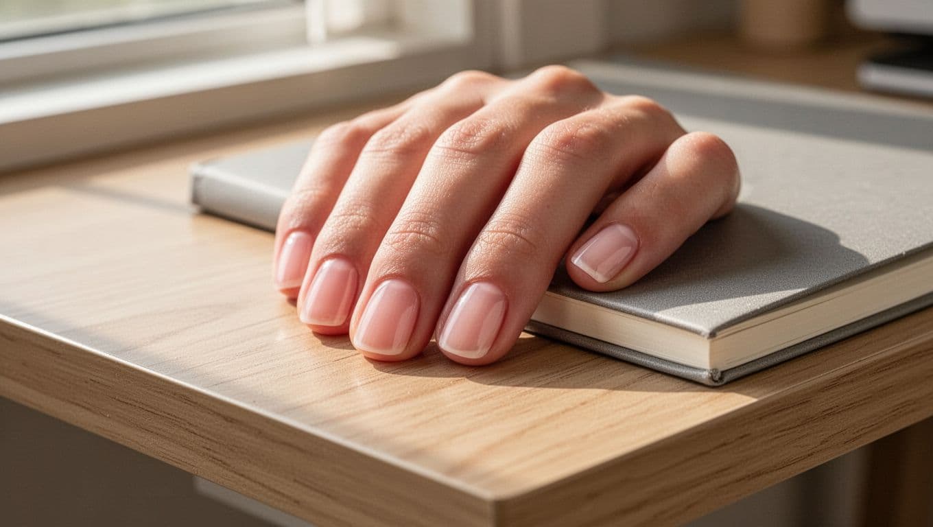 Short milky pink squoval nails resting beside a closed notebook on a wooden desk.