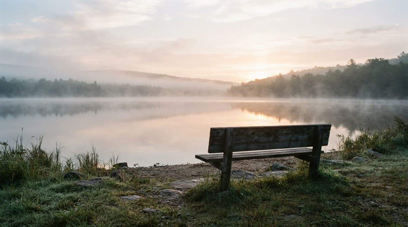 A wooden bench faces a misty lake at sunrise.