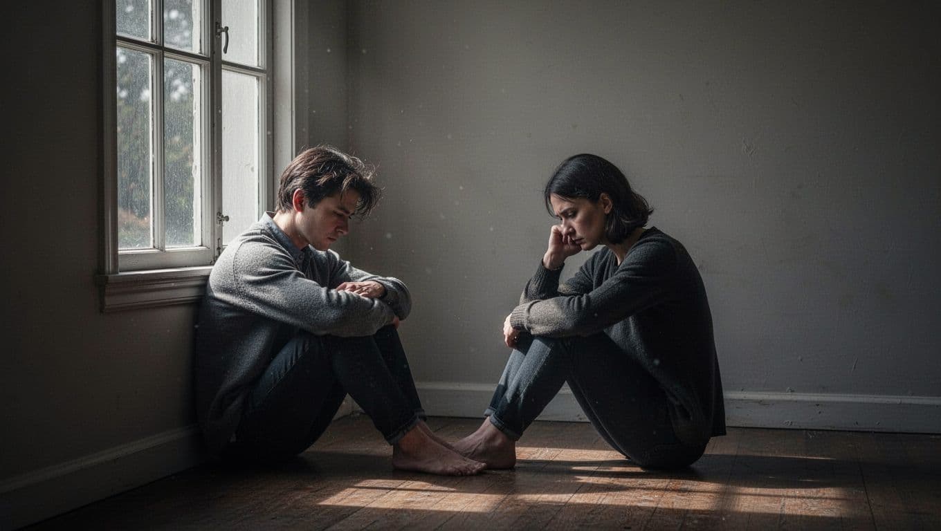 A thoughtful person sits alone beside a window in a dim room.