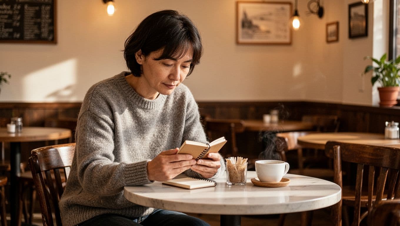 A person reviews a small notepad at a speed dating table.