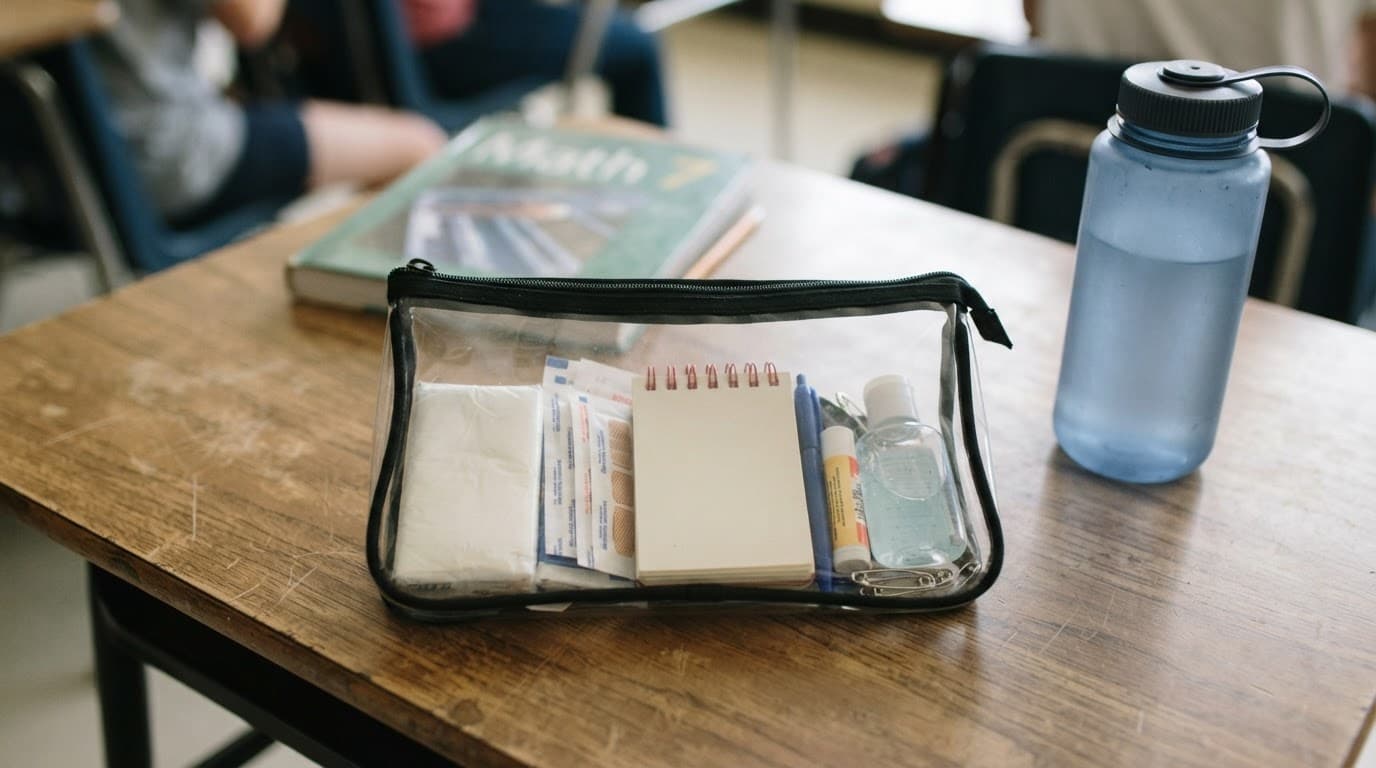 A clear pouch with school emergency supplies beside a reusable water bottle.