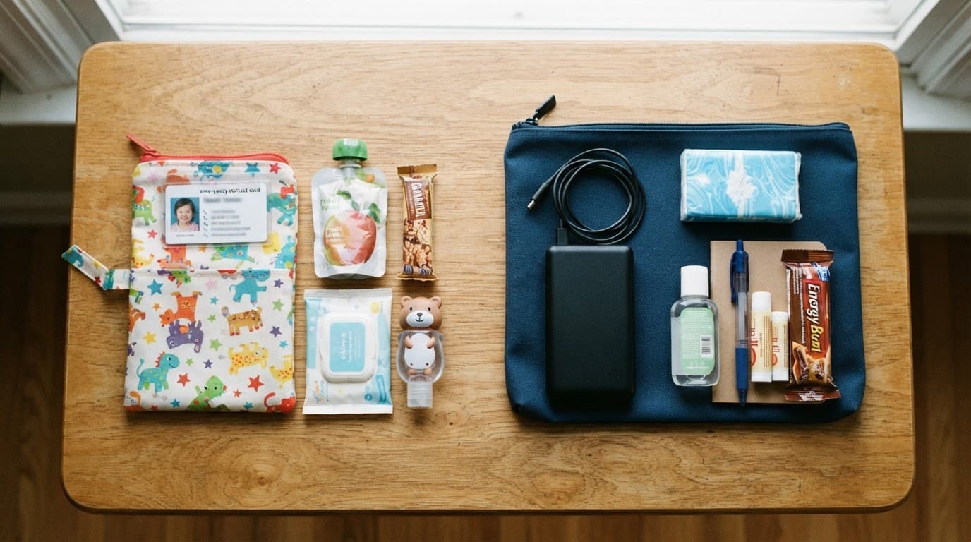 Two student emergency pouches with snacks, a contact card, charger, and tissues sit on a wooden table.
