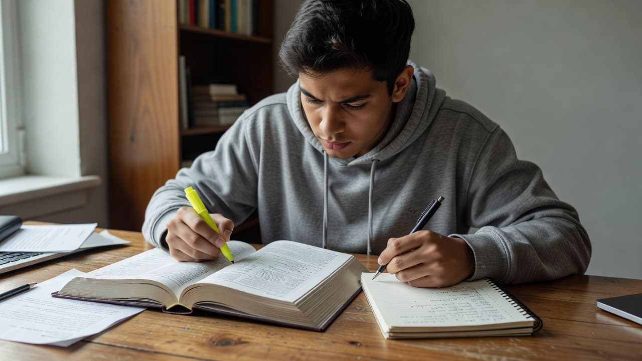 A student at a wooden desk reading a textbook and writing notes.