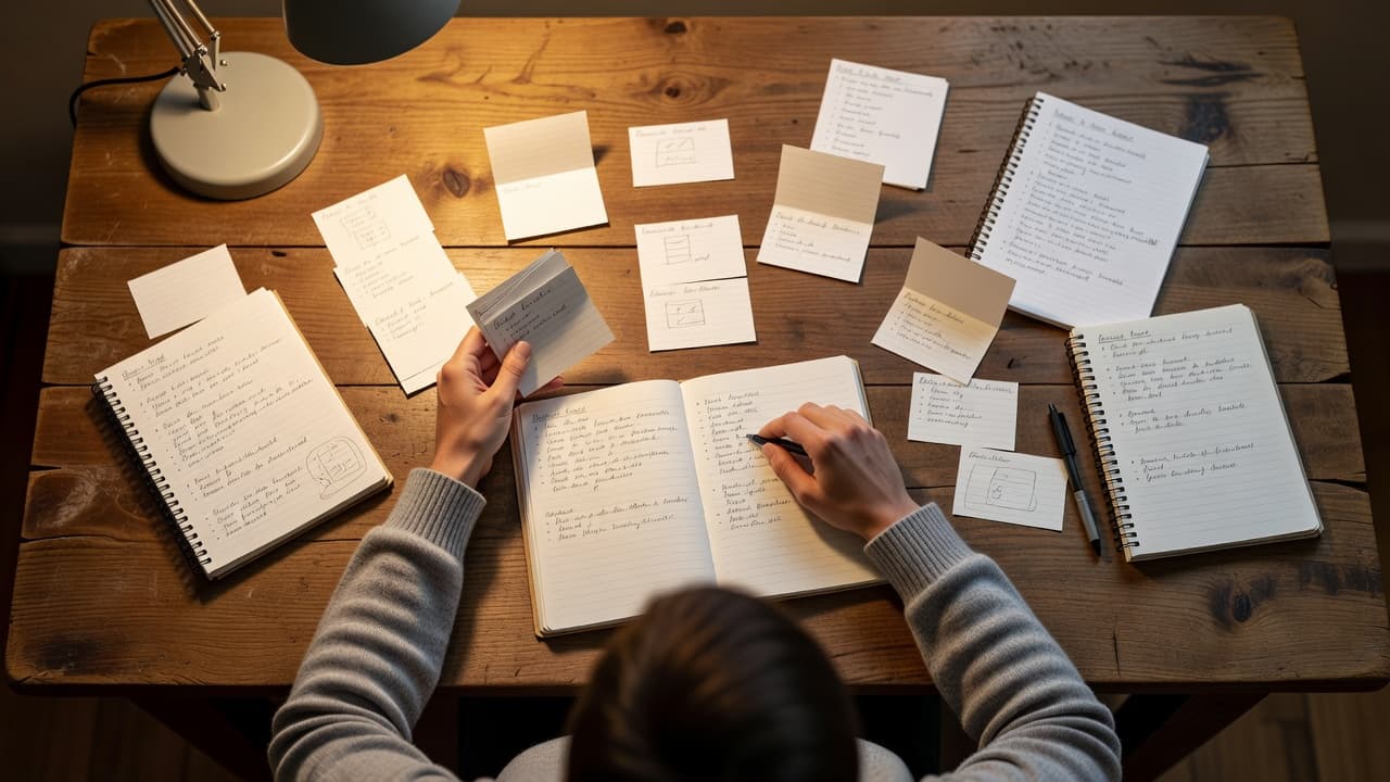 A student at a wooden desk studying handwritten notes and flashcards from above.