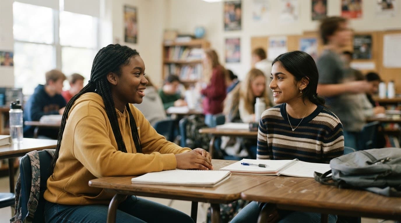 Two students talk across a desk in a bright classroom.