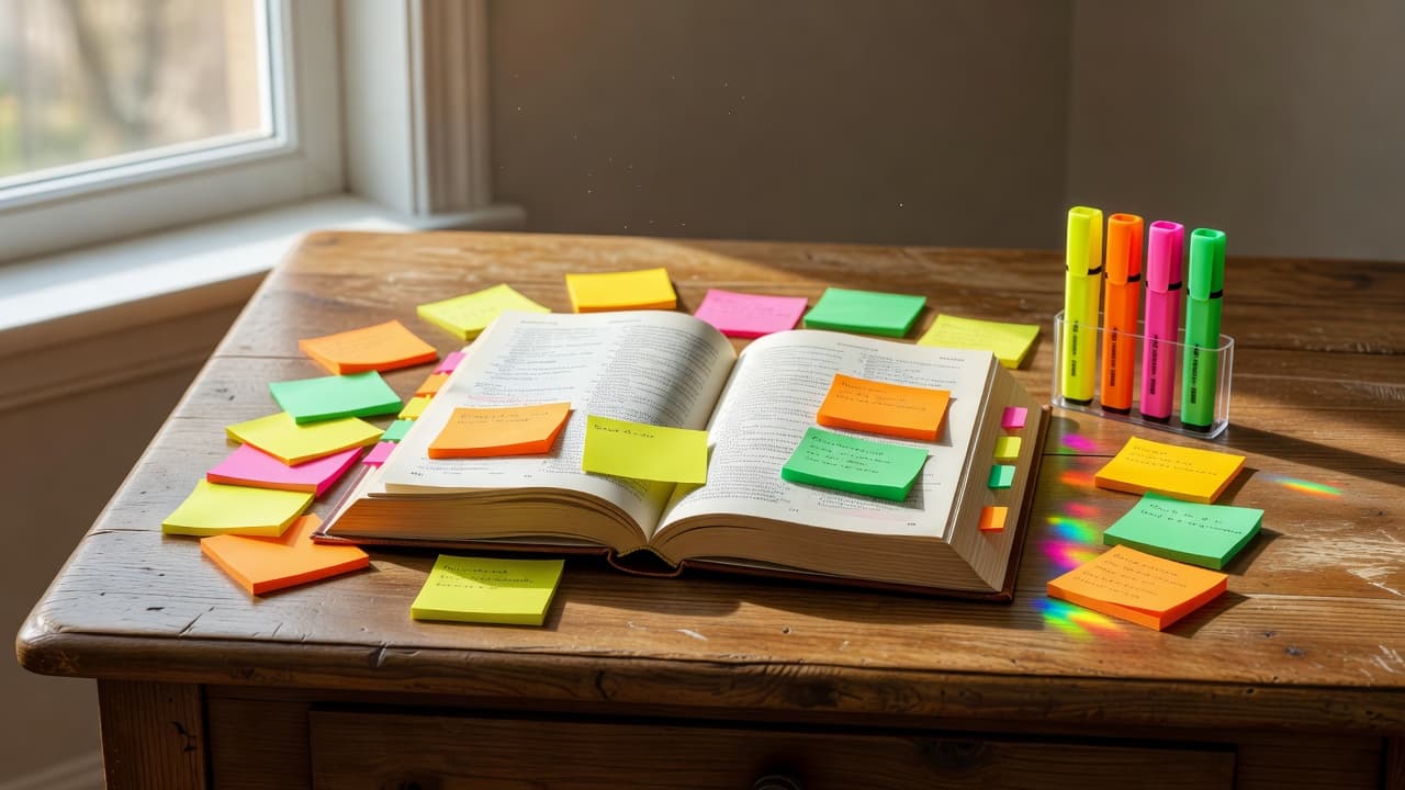 An open textbook, sticky notes, and highlighters arranged neatly on a wooden desk.