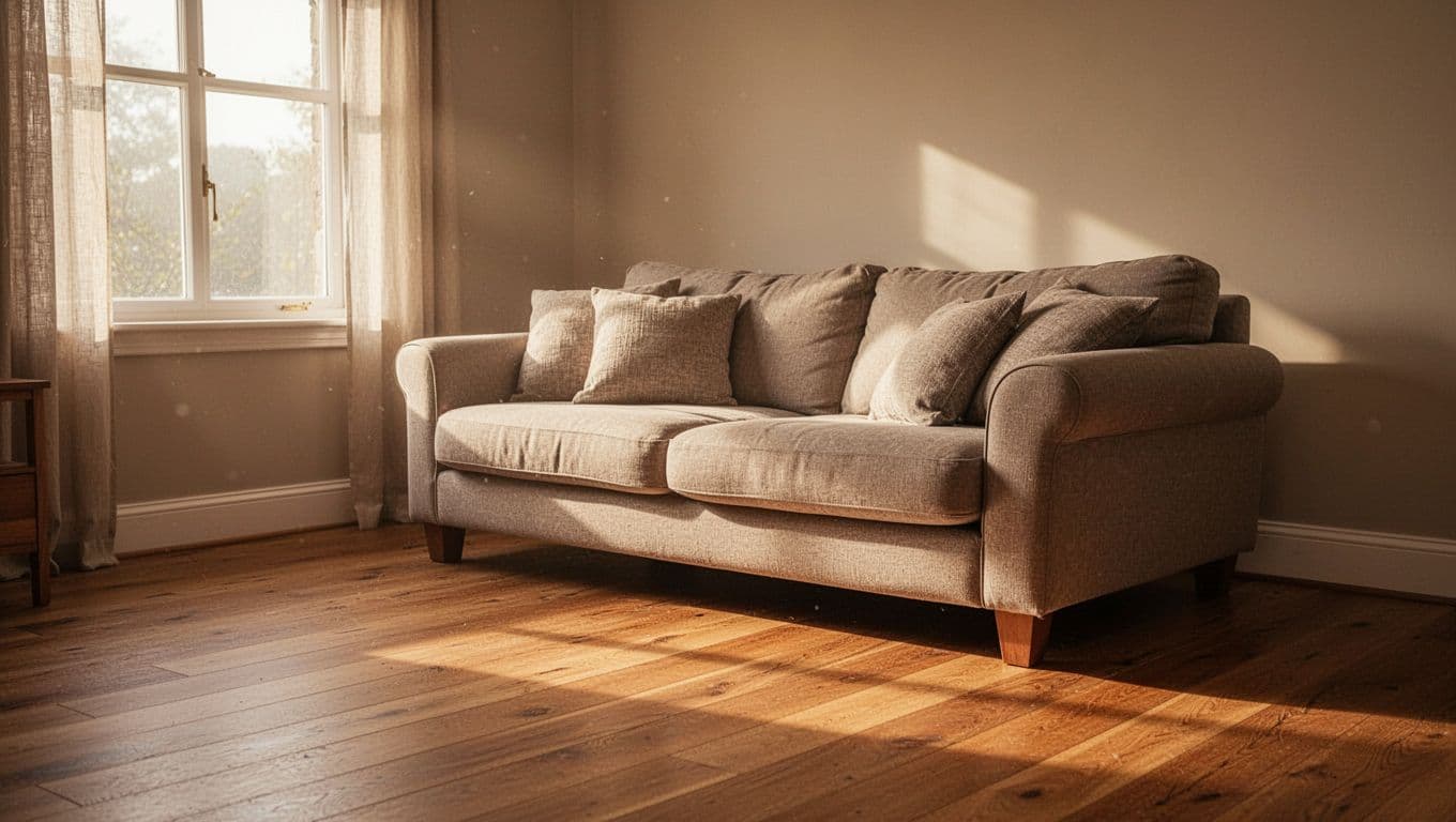 A cozy sofa in a sunlit living room with warm wooden floors.