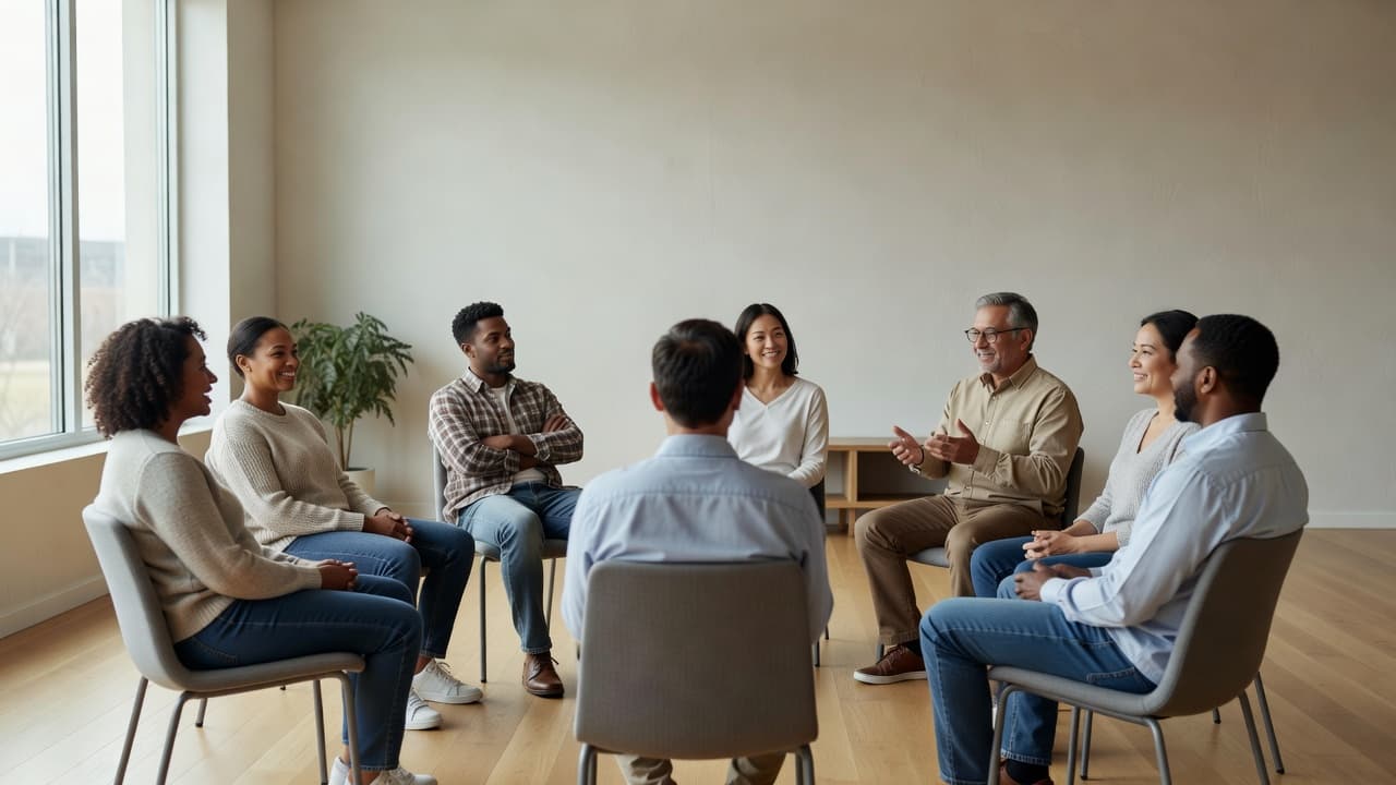 A diverse group of adults sitting in a circle during a meeting in a bright room.