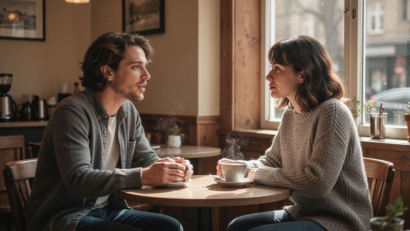 Two friends share coffee while one listens attentively to the other.