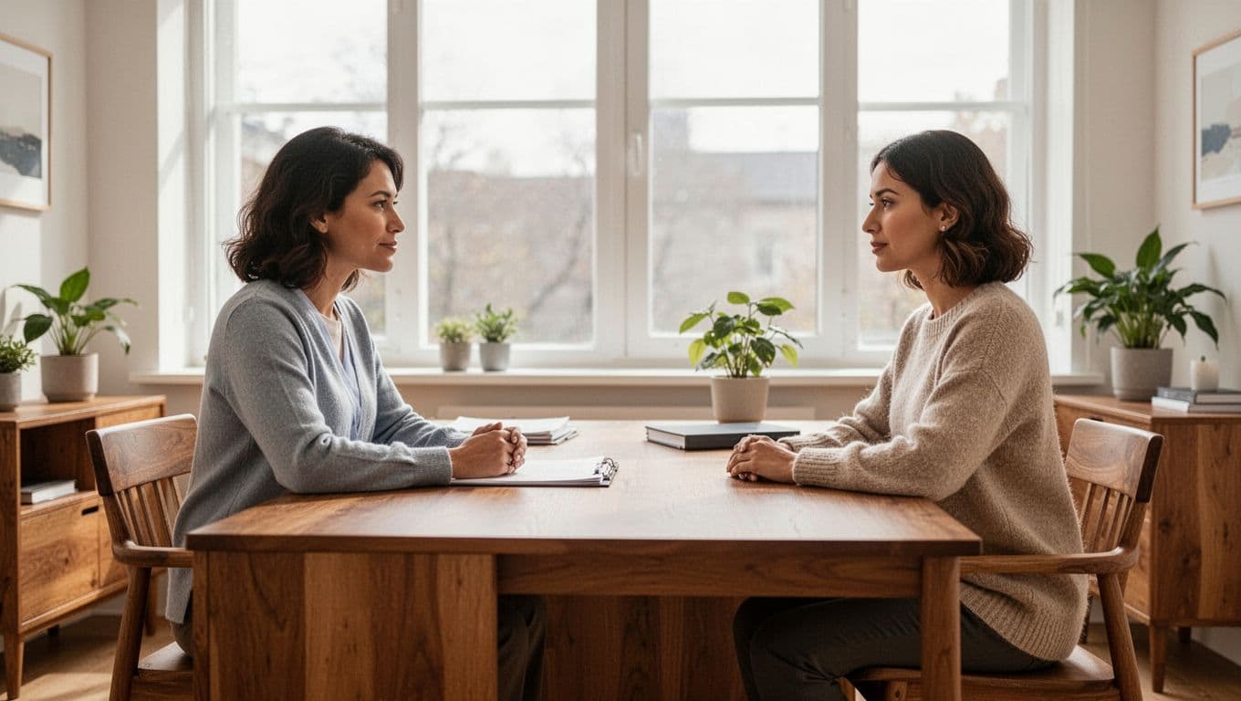 A therapist and client talk across a clean desk in a bright, cozy office.