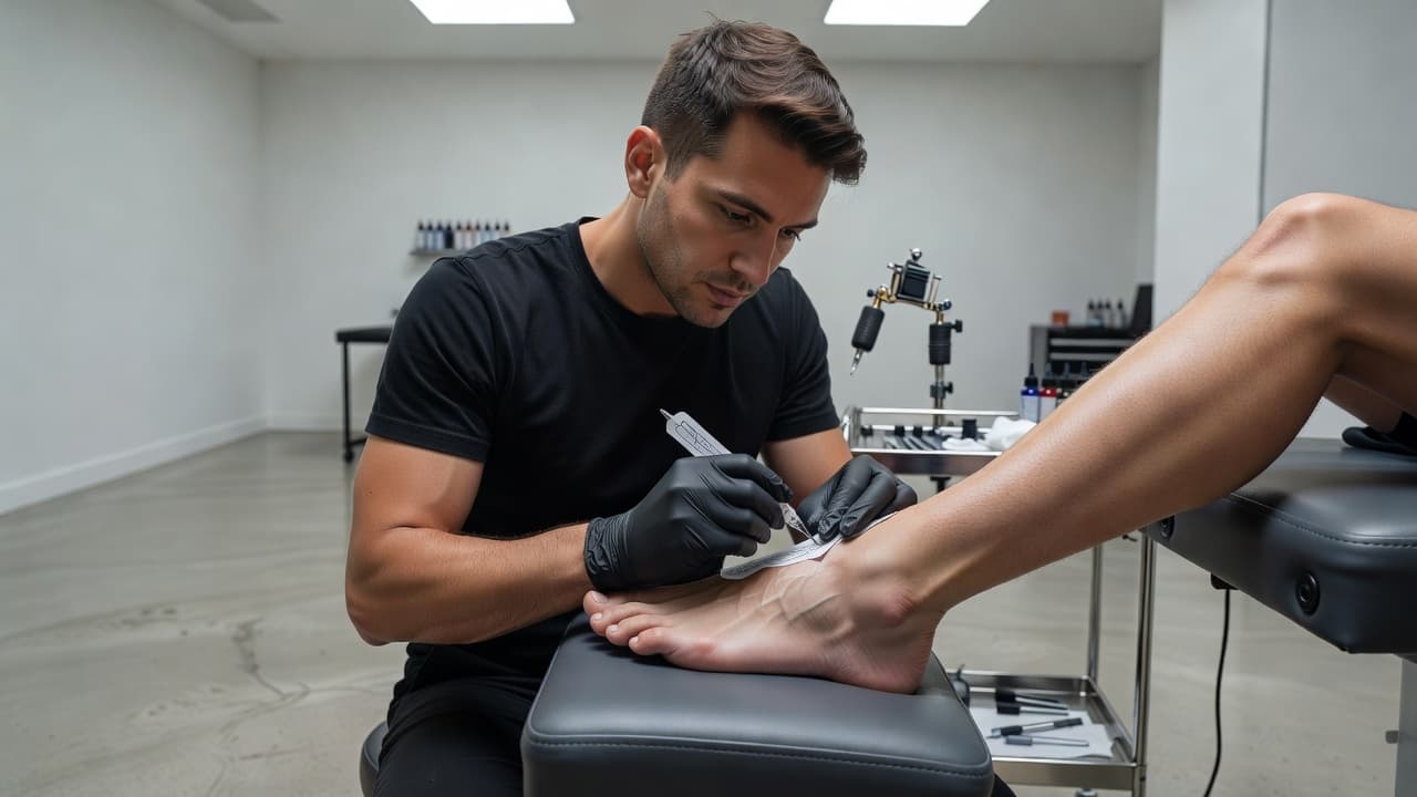 A tattoo artist places a transfer stencil onto a client ankle in a clean studio.