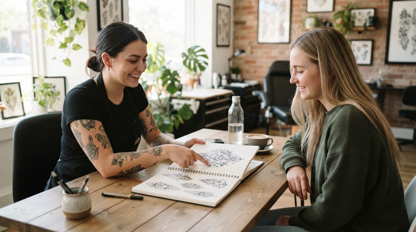 An artist showing sketch designs to a client at a bright studio table.