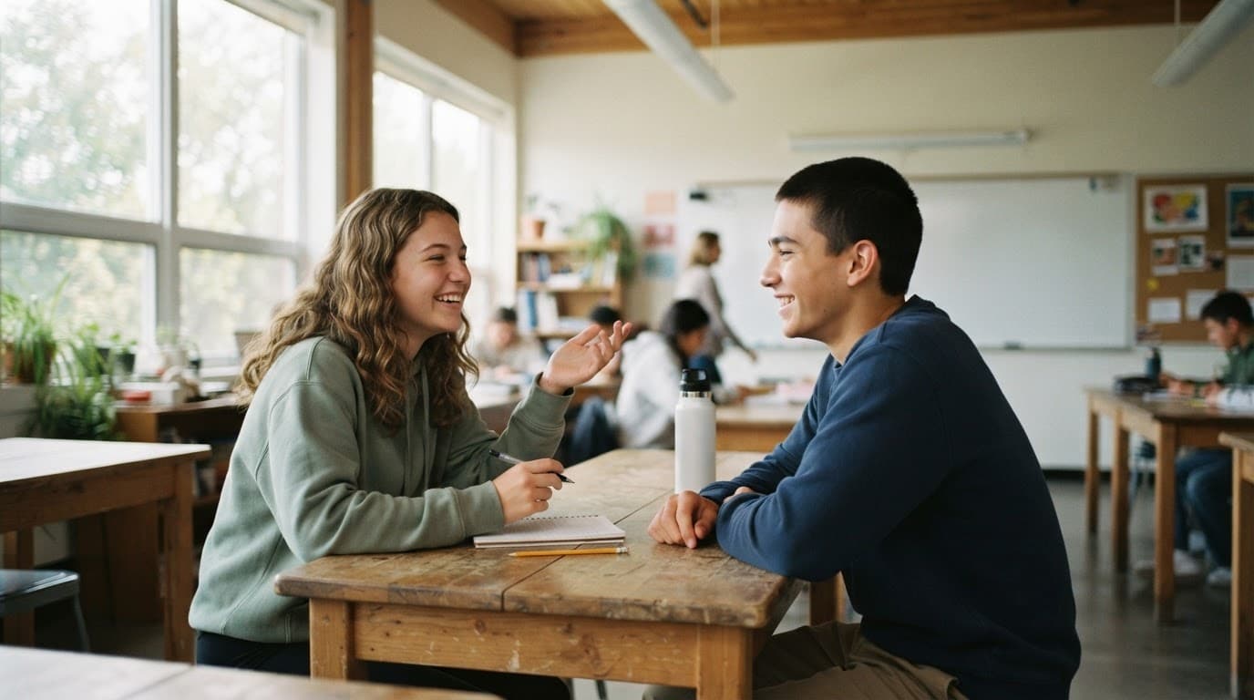 Two teens talk at a wooden desk in a bright classroom.