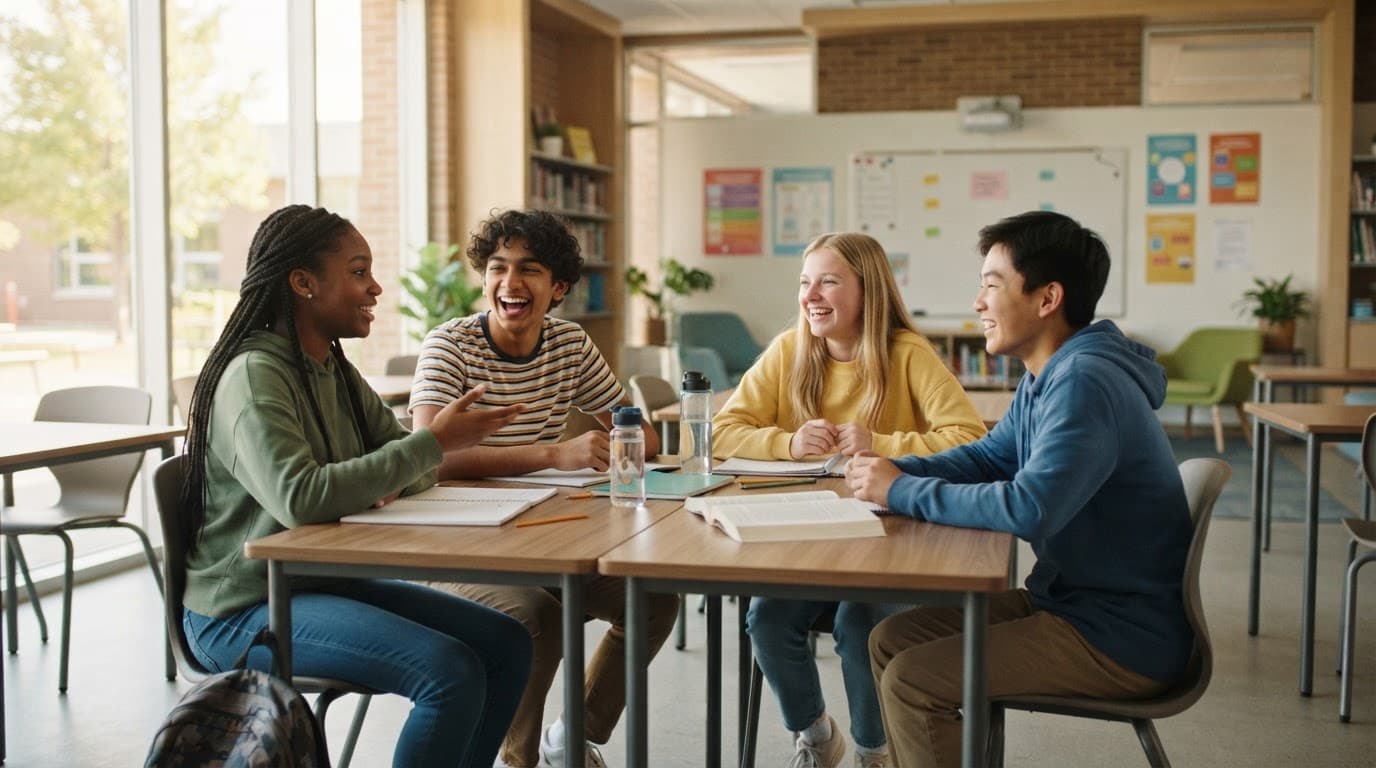 Four teenagers smile and talk around desks in a bright classroom.