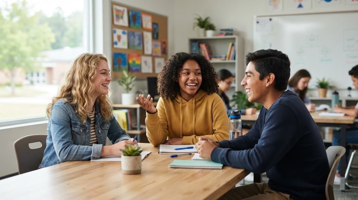 Three teens smiling and talking together in a bright classroom.