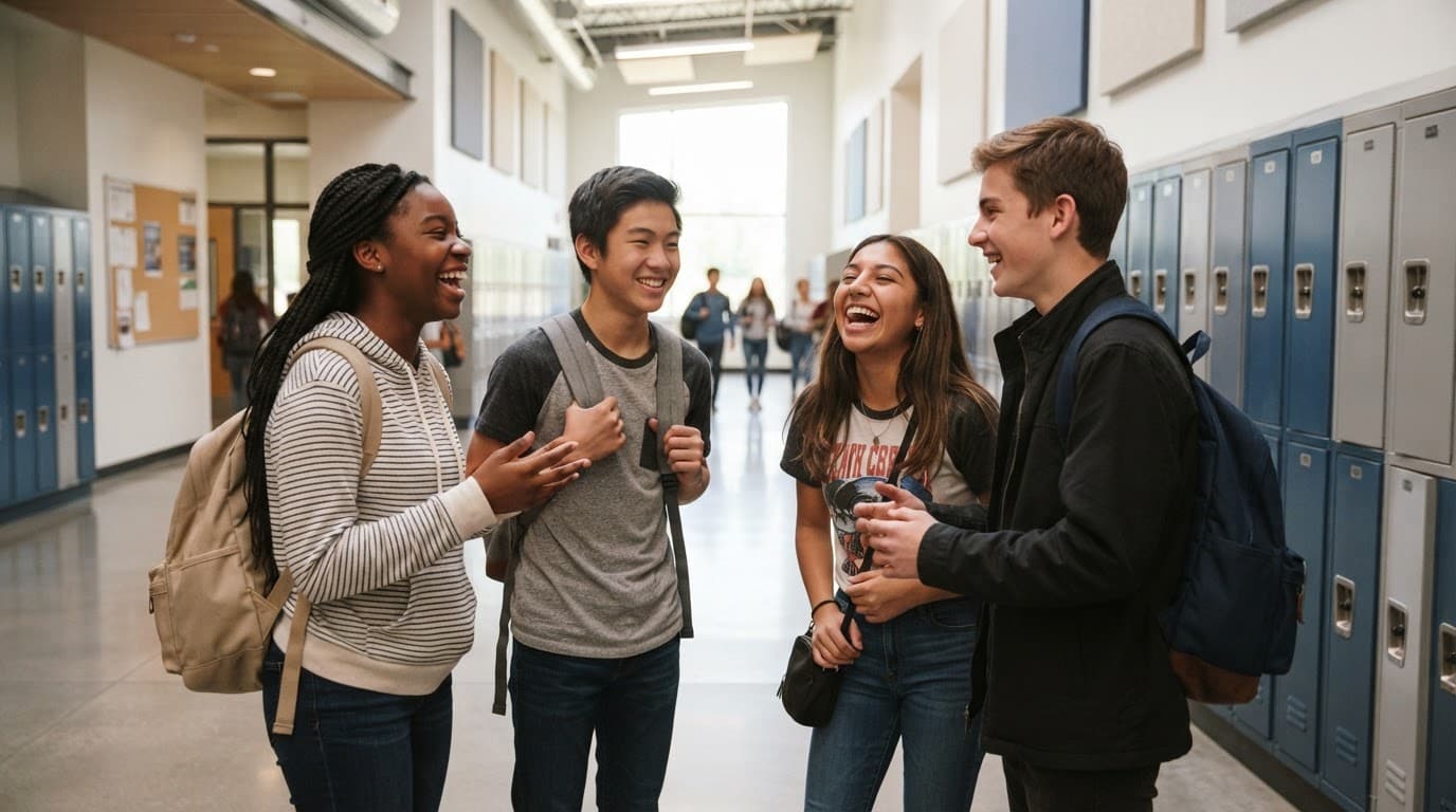 Four teens laughing together in a bright school hallway with lockers.