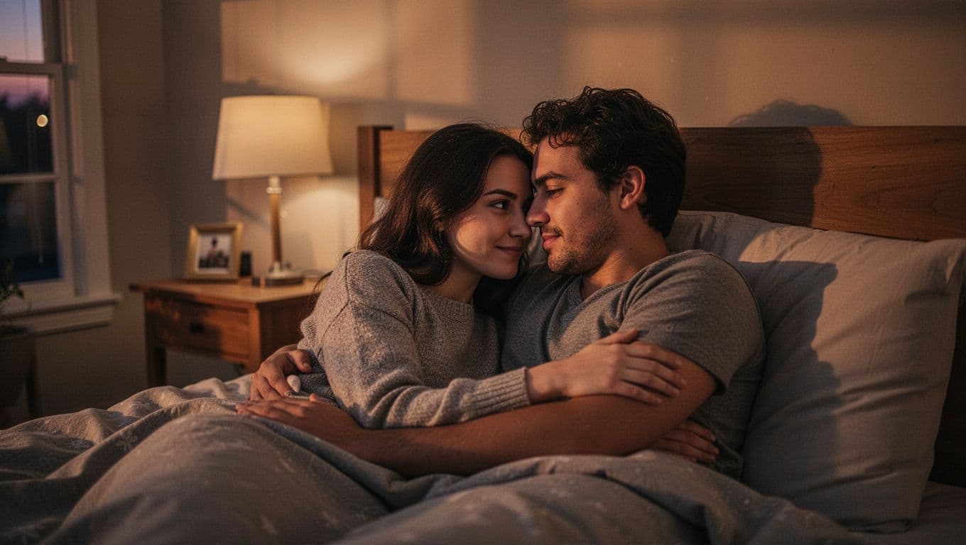 A couple shares a tender embrace in a softly lit bedroom at twilight.