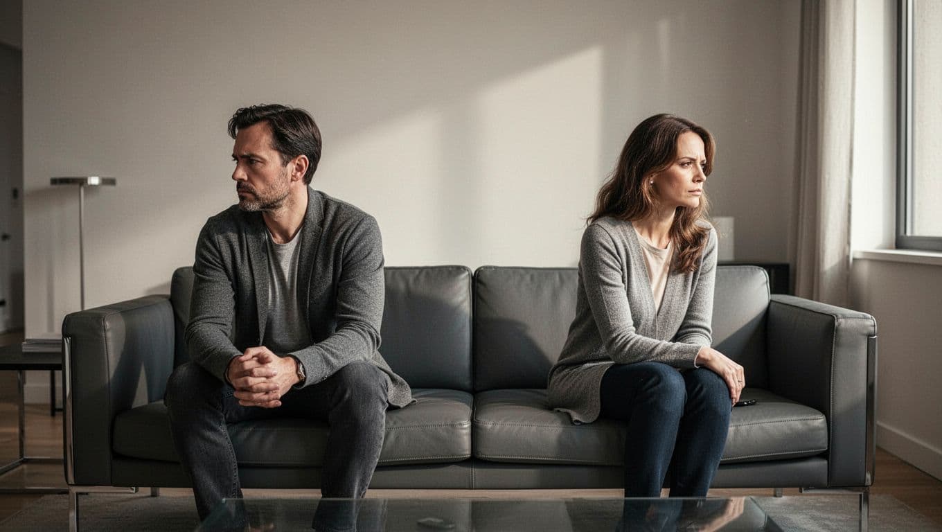 A couple sits apart on a couch, looking away from each other.