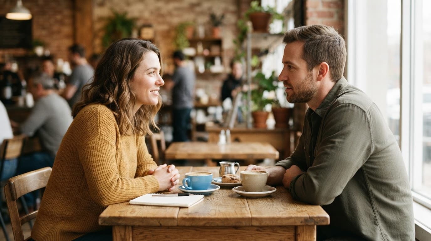 A man and woman having a thoughtful conversation over coffee in a sunny cafe.