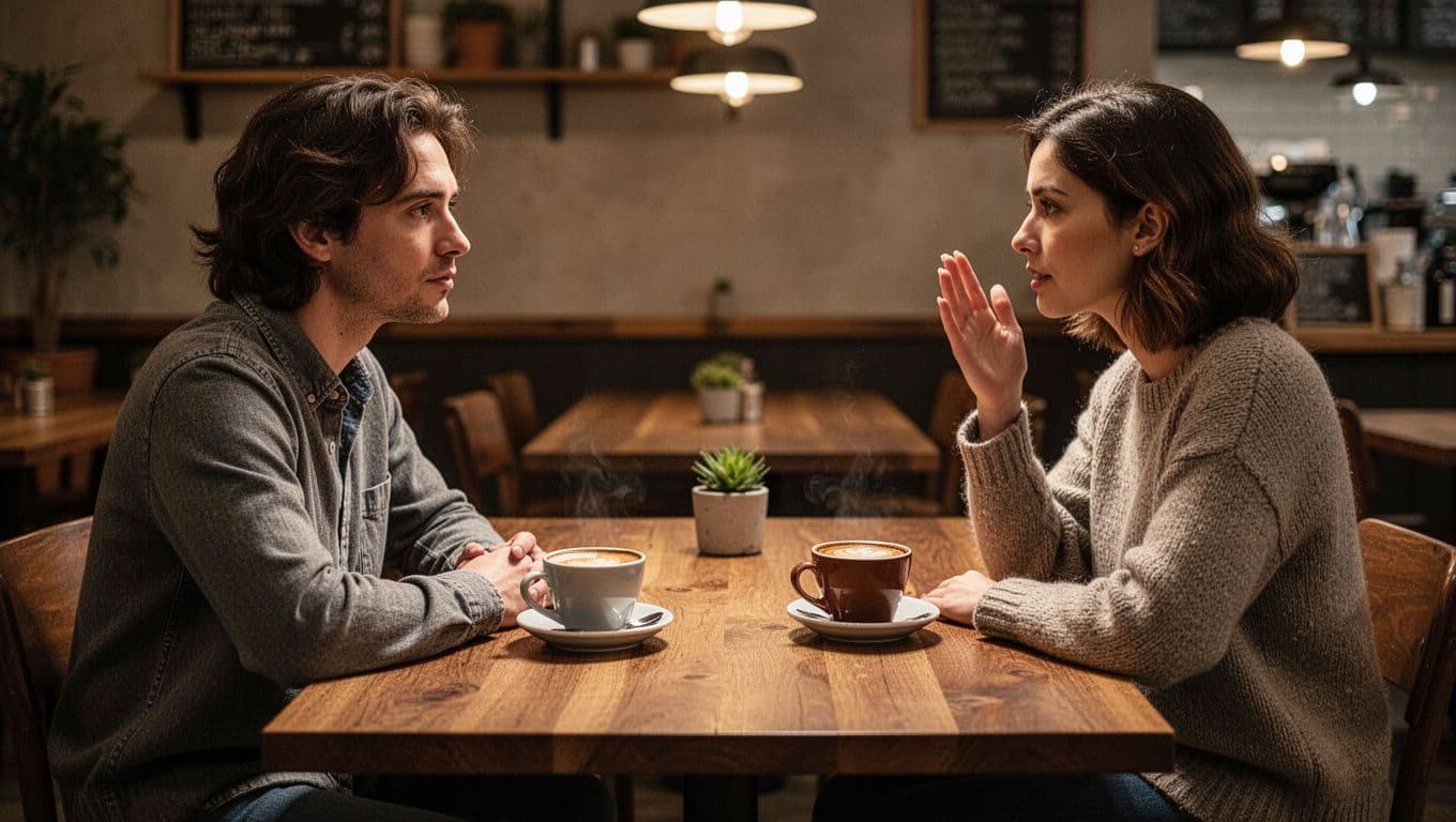 Two people share a thoughtful conversation at a cafe table with coffee.