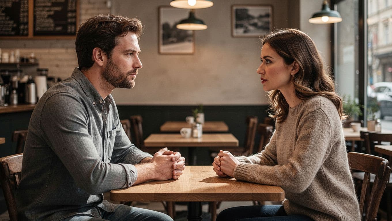 A man and woman having a thoughtful conversation across a small cafe table.