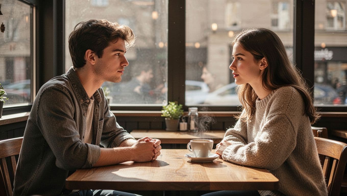 A man and woman share a thoughtful conversation across a cafe table.