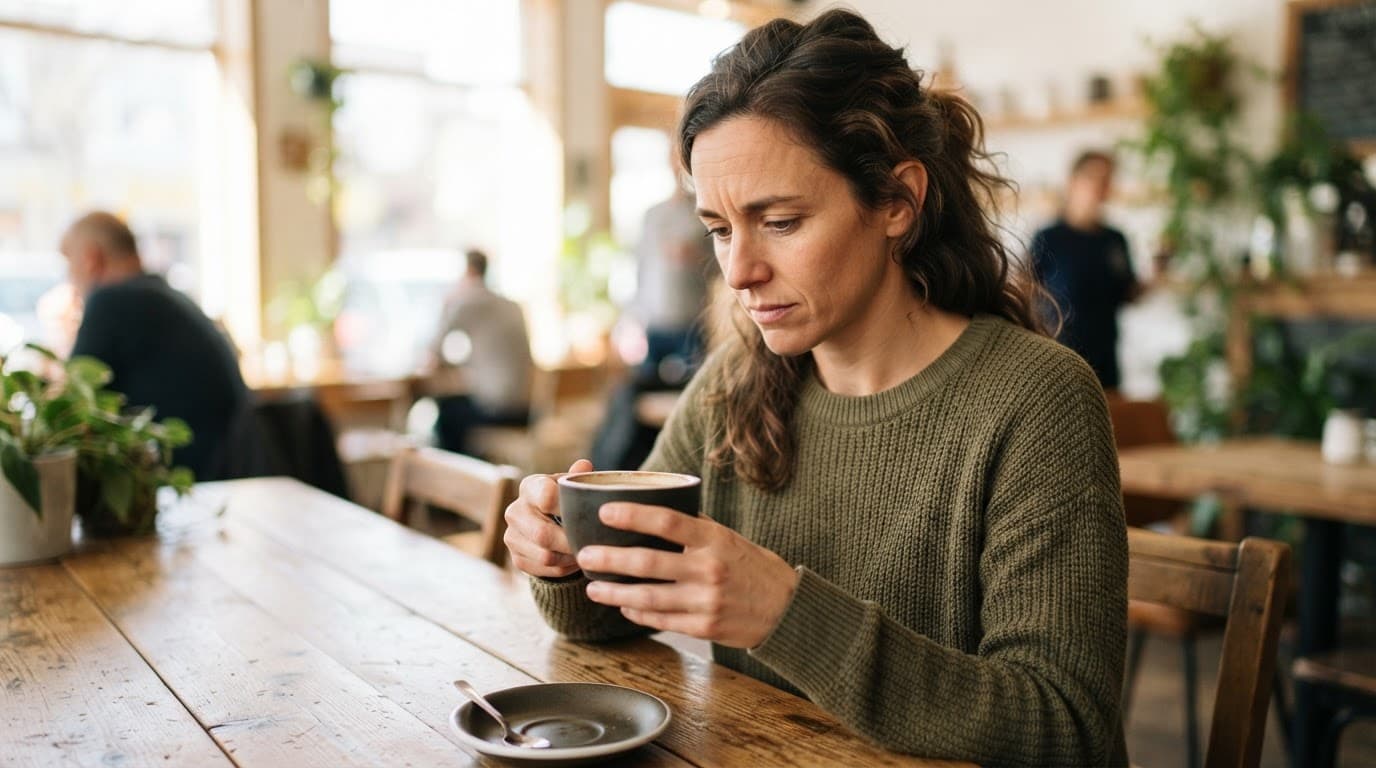 A thoughtful person holds coffee while sitting at a wooden table in a bright room.