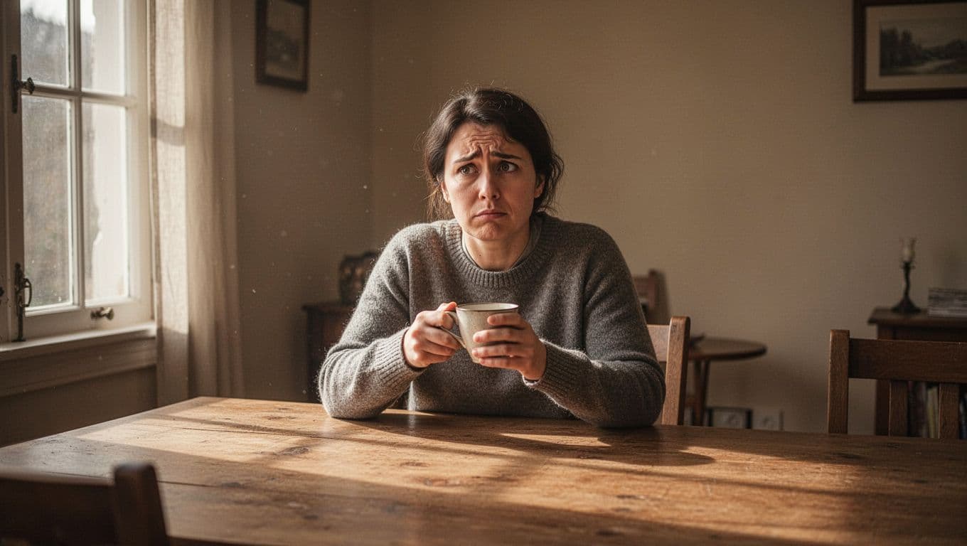 A person holds a cup at a wooden table, looking thoughtful and uncertain.
