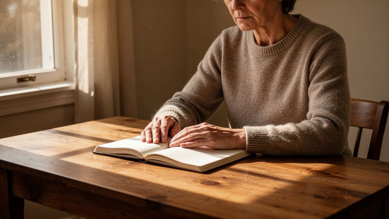 A person reflects quietly at a wooden desk with a notebook in warm natural light.