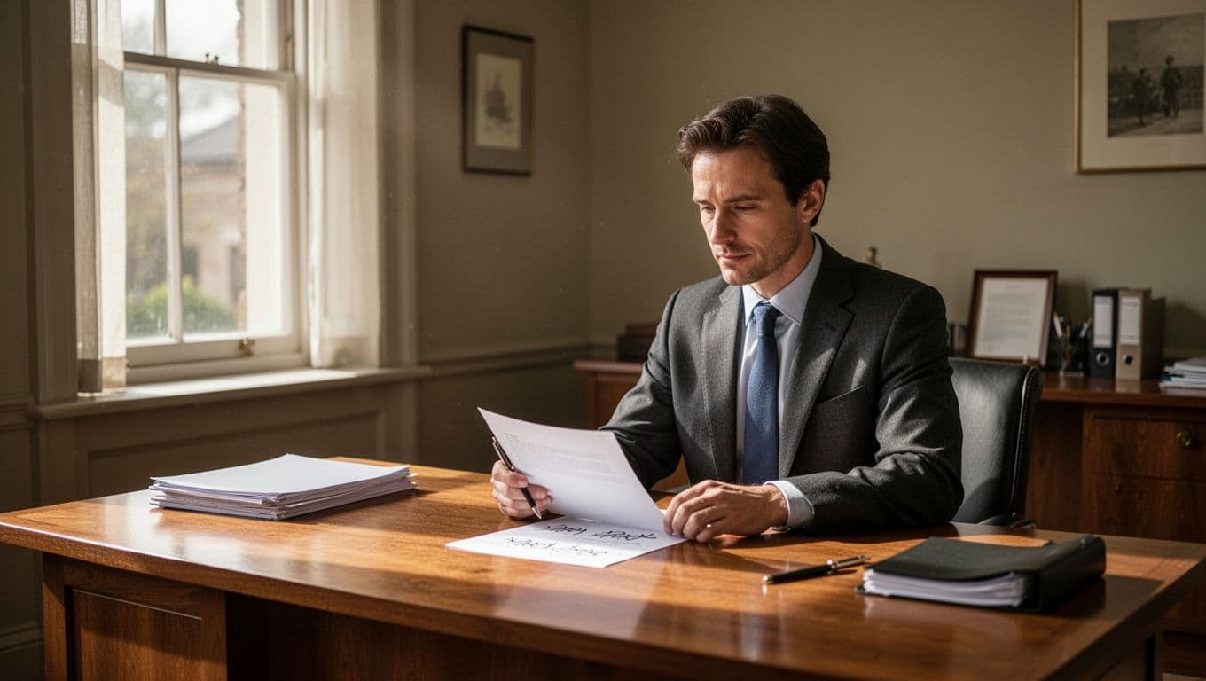 A thoughtful person reviews notes at a wooden desk in a softly lit office.