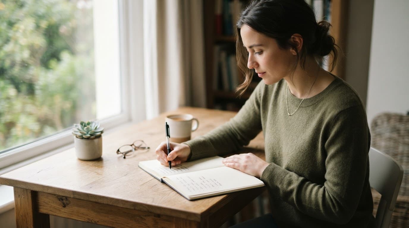 Person writing goals in a notebook at a clean wooden desk.