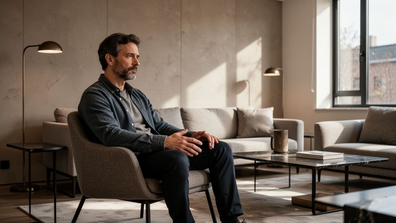 A thoughtful man sits alone on a sofa in a softly lit living room.