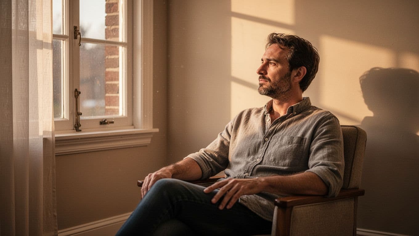 A man sits quietly and looks out a window in a warm room.