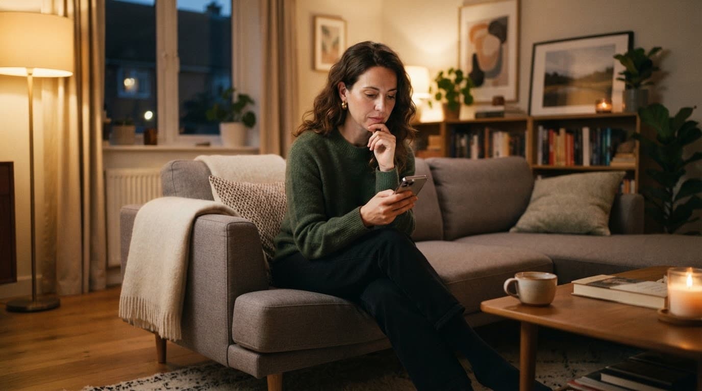 A thoughtful person sits on a sofa holding a smartphone in a warmly lit living room.