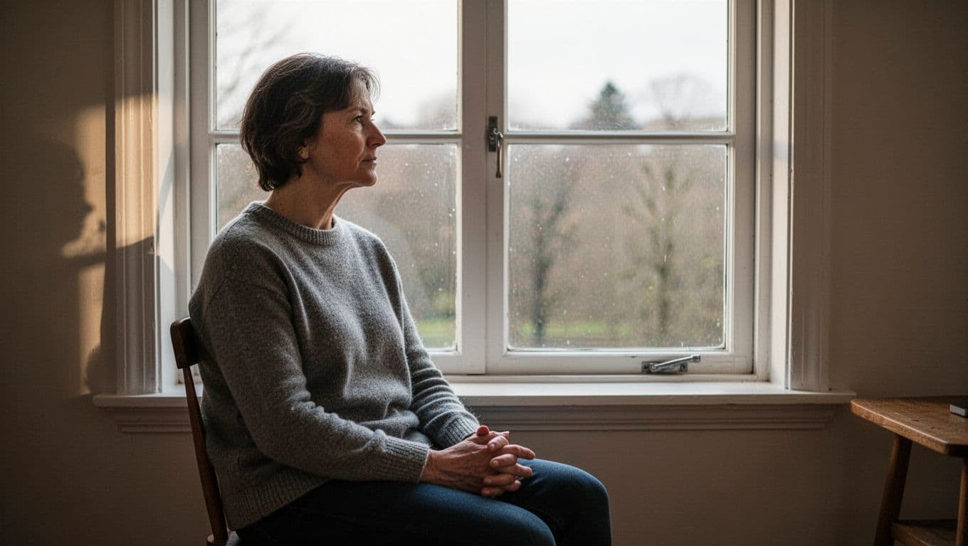 A thoughtful person sits beside a softly lit window.