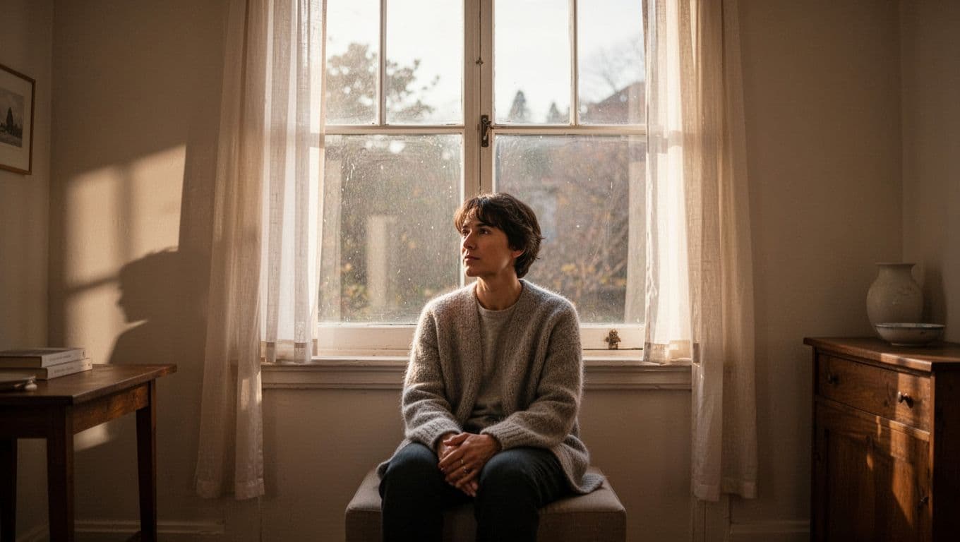 A person sits quietly beside a sunlit window, looking thoughtful.