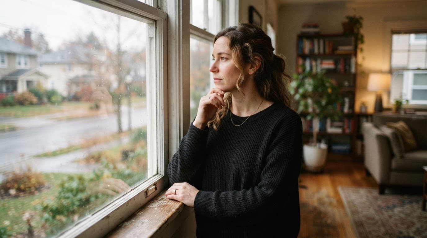 A pensive woman looks out a bright home window during the day.
