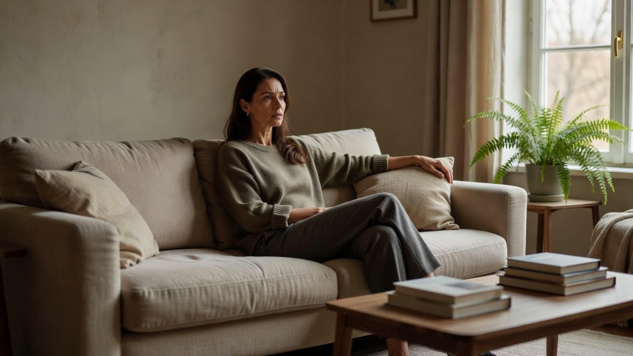 A thoughtful woman looking away while sitting on a comfortable living room sofa.