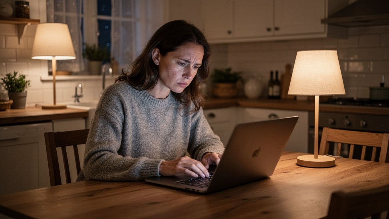 A tired woman works alone on a laptop at a kitchen table at night.