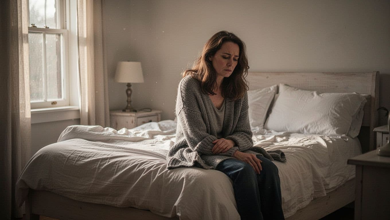Tired woman sitting on the edge of a bed in soft morning light.