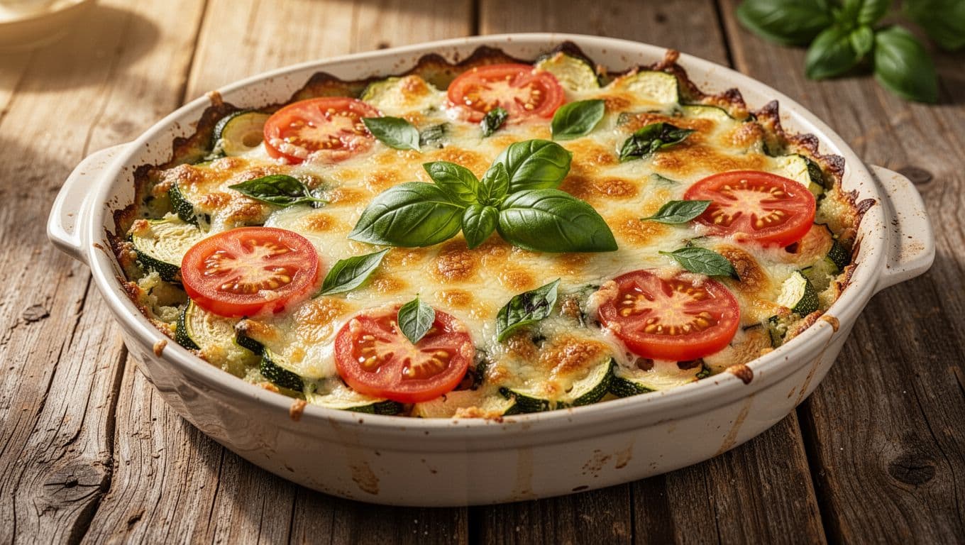 A cheesy zucchini casserole topped with basil and tomato slices on a wooden table.