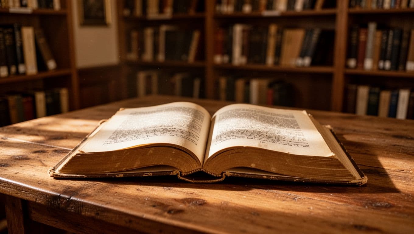An open vintage book on a wooden table in a warmly lit library.